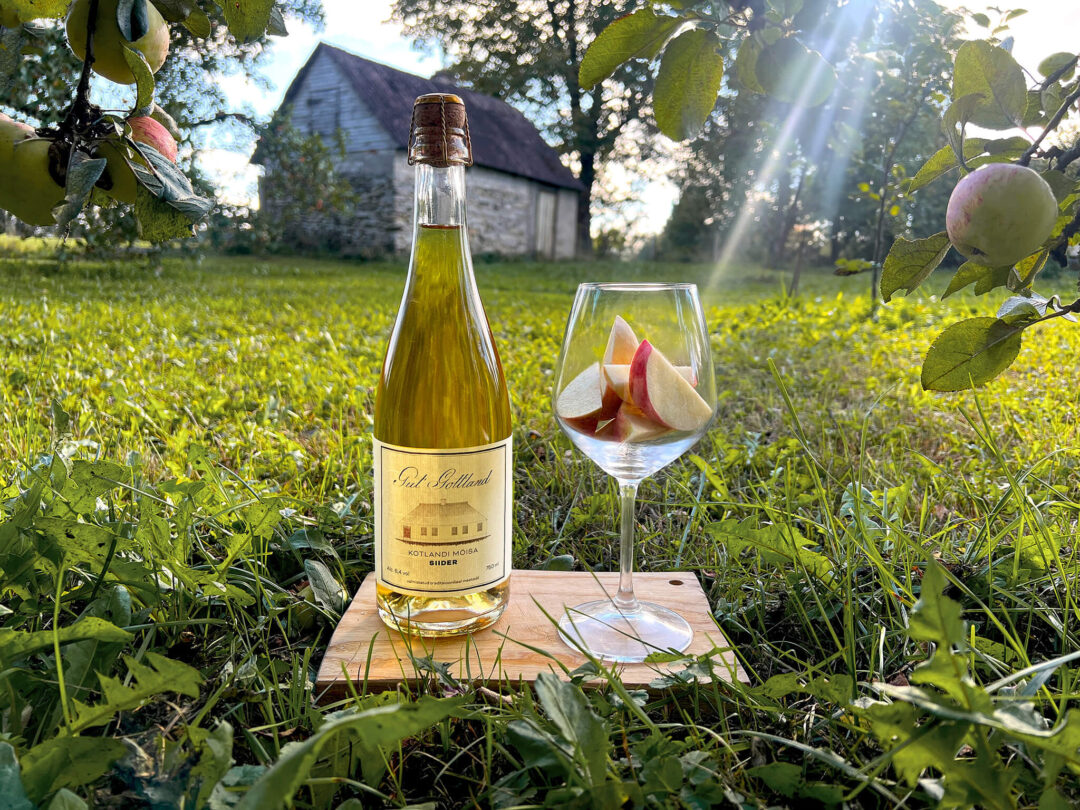 Tõrutaru traditsioonilisel meetodil valminud Kotlandi mõisa siider looduses koos klaasitäie õuntega.