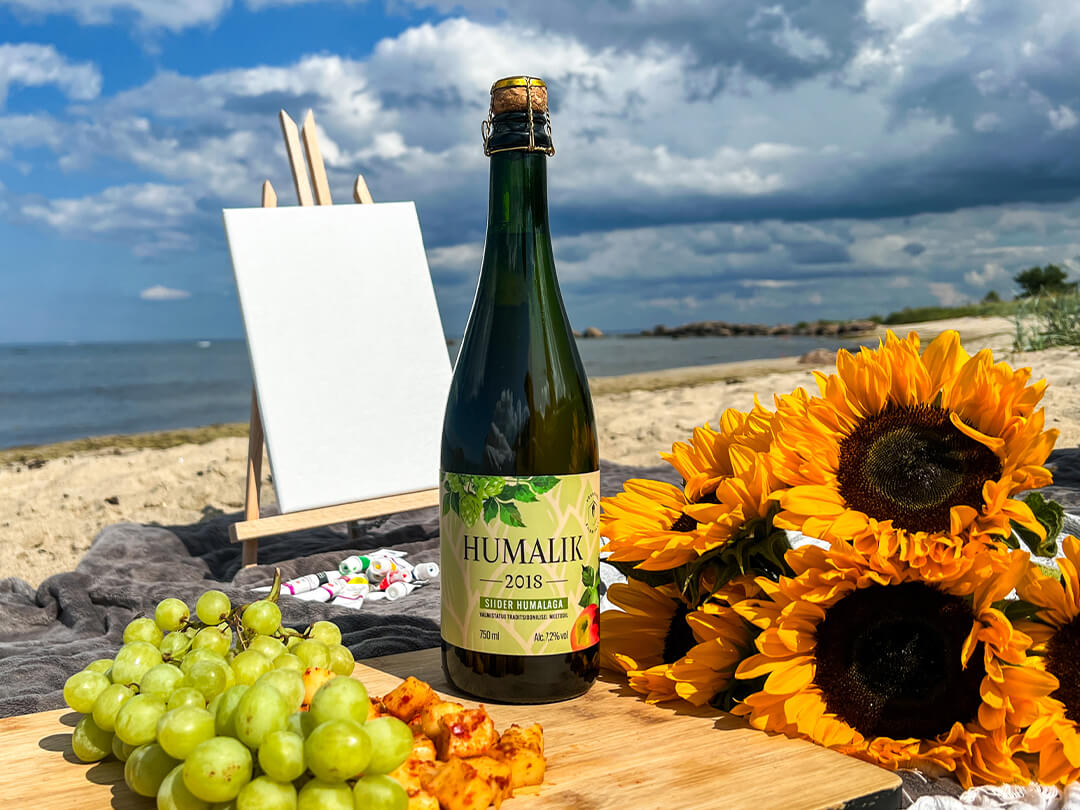 Tõrutaru Humalik siider humalatega rannapiknikul